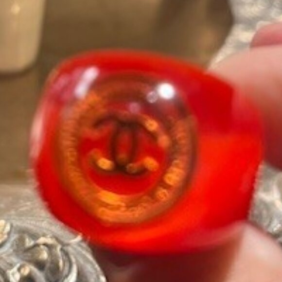 Authentic Chanel Ring RED LOGO GOLD FOIL Resin Crystal Clear US 7 EUC w Card - Picture 1 of 8